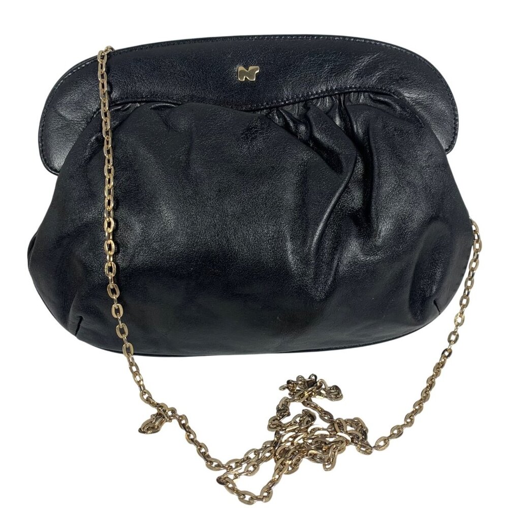 Vintage NINA RICCI Black Leather Ruched Clutch Handbag Gold-Tone Chain Strap